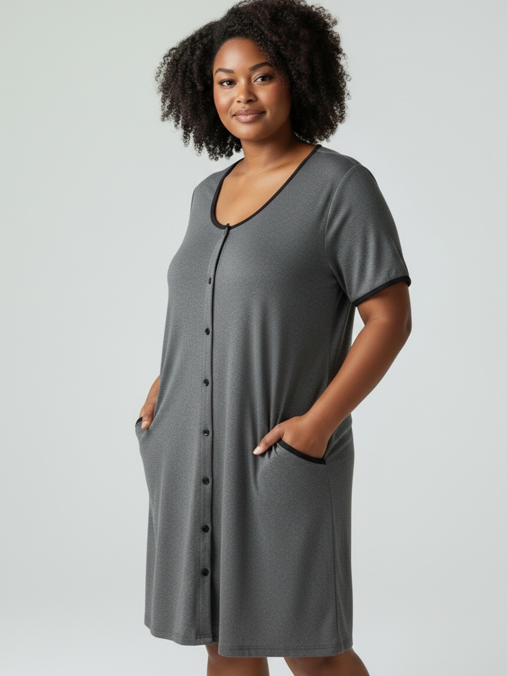 Ekouaer Gray Short-Sleeve Button Front Pajama Dress Size 2XL